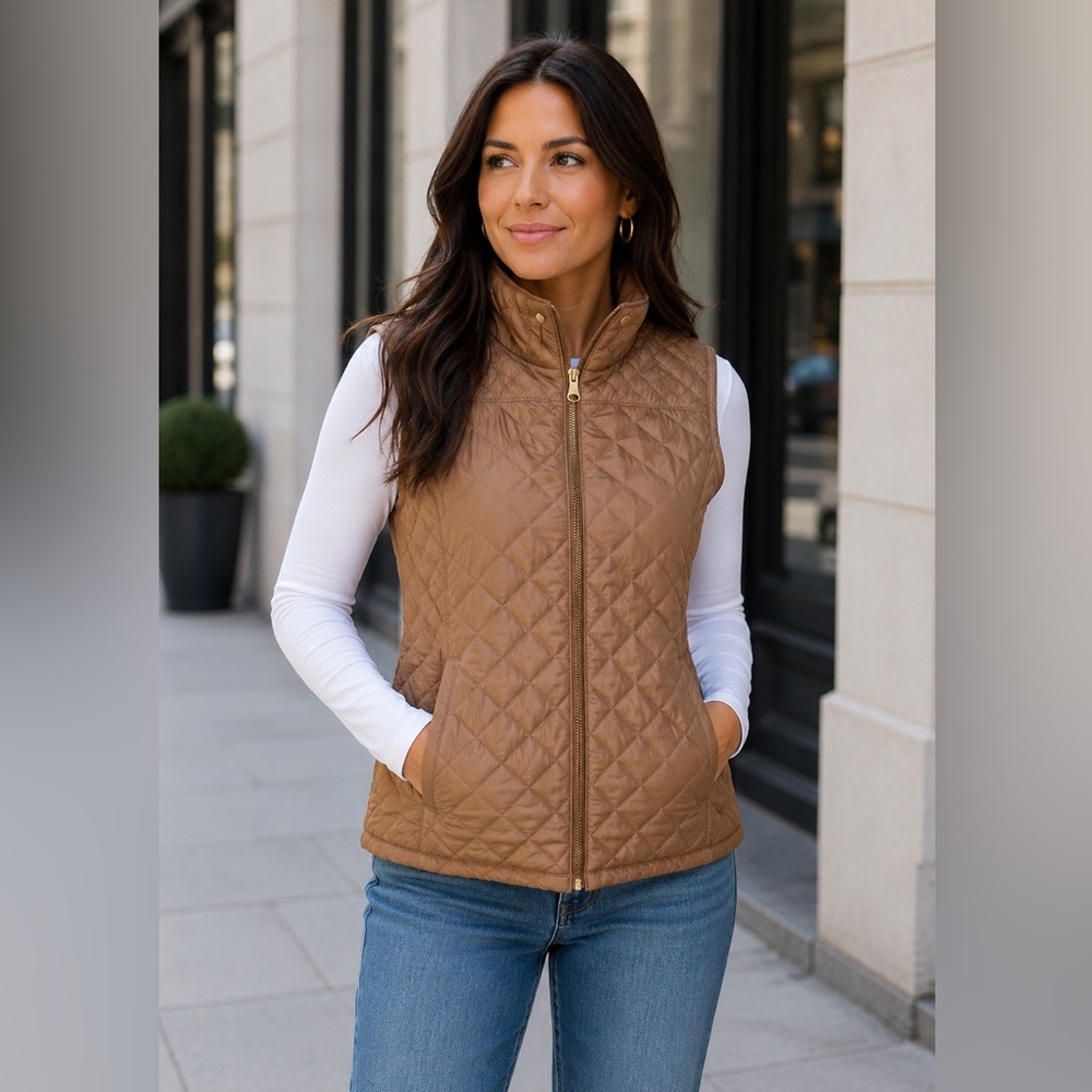 Cavalini Quilted Zip‎ Front Pocket Puffer Vest Camel NEW Medium Petite